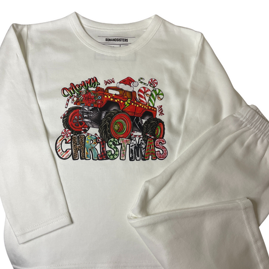 Merry Monster Truck Christmas White Pyjama Set